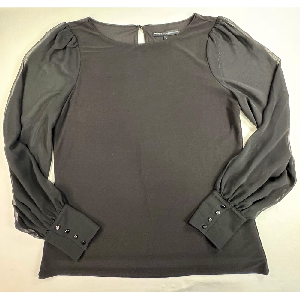 White House Black Market Black Chiffon Sheer Puff Sleeve Crew Neck Blouse L